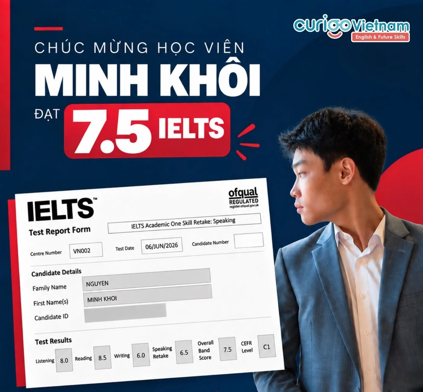 Học viên CVN Minh Khôi đạt IELTS Overall 7.5 năm cuối cấp THCS